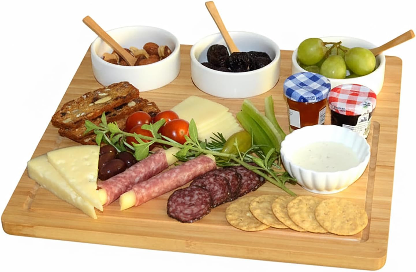 Picnic at Ascot Bamboo Cheese Board/Charcuterie Platter - Includes 3 Ceramic Bowls with Bamboo Spoons - 13" x 13" - Designed and Quality Checked in the USA | Amazon (US)