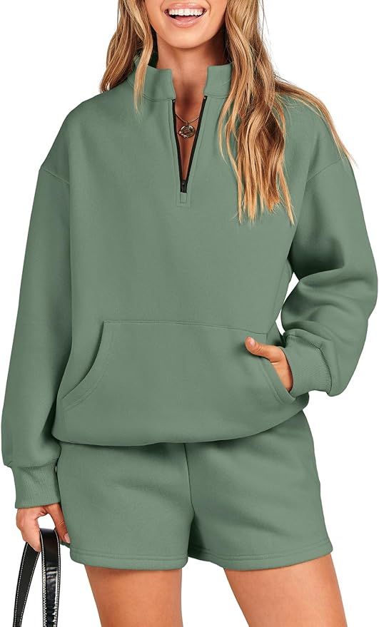 Caracilia Women’s 2 Piece Outfits Sweatsuit Oversized Half Zip Sweatshirt and Shorts Matching L... | Amazon (US)