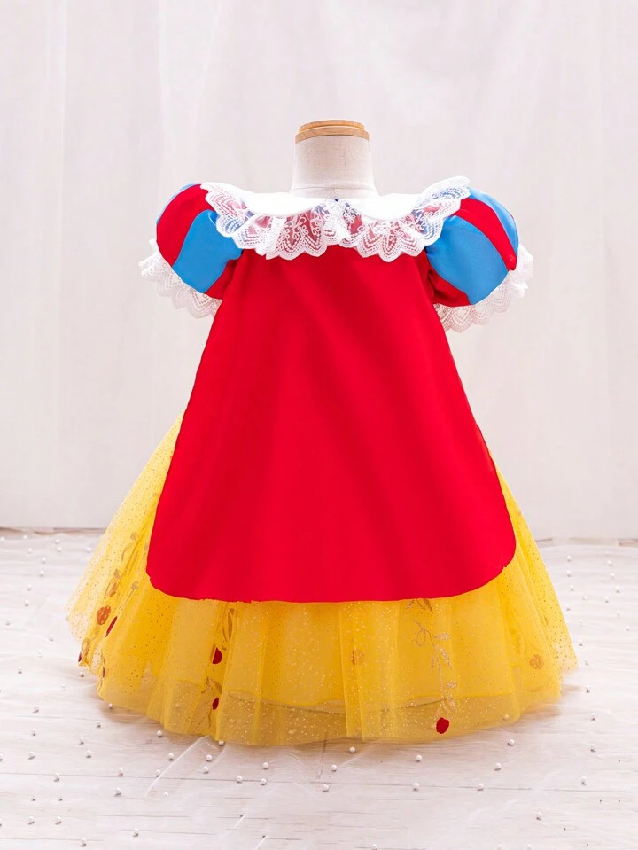 SHEIN Glamorique Kids Baby Girl Color Block Mesh Splice Puff Sleeve Cloak Princess Dress | SHEIN