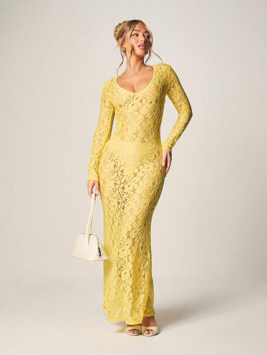 MISSGUIDED Elegant Long Sleeve V-Neck Lace Maxi Dress With Intricate Floral Pattern For Special Occasions Evening Party | SHEIN