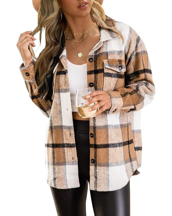 Trendy Queen Womens Flannel Shacket Jacket Casual Plaid Wool Blend Button Down Long Sleeve Shirt ... | Amazon (US)