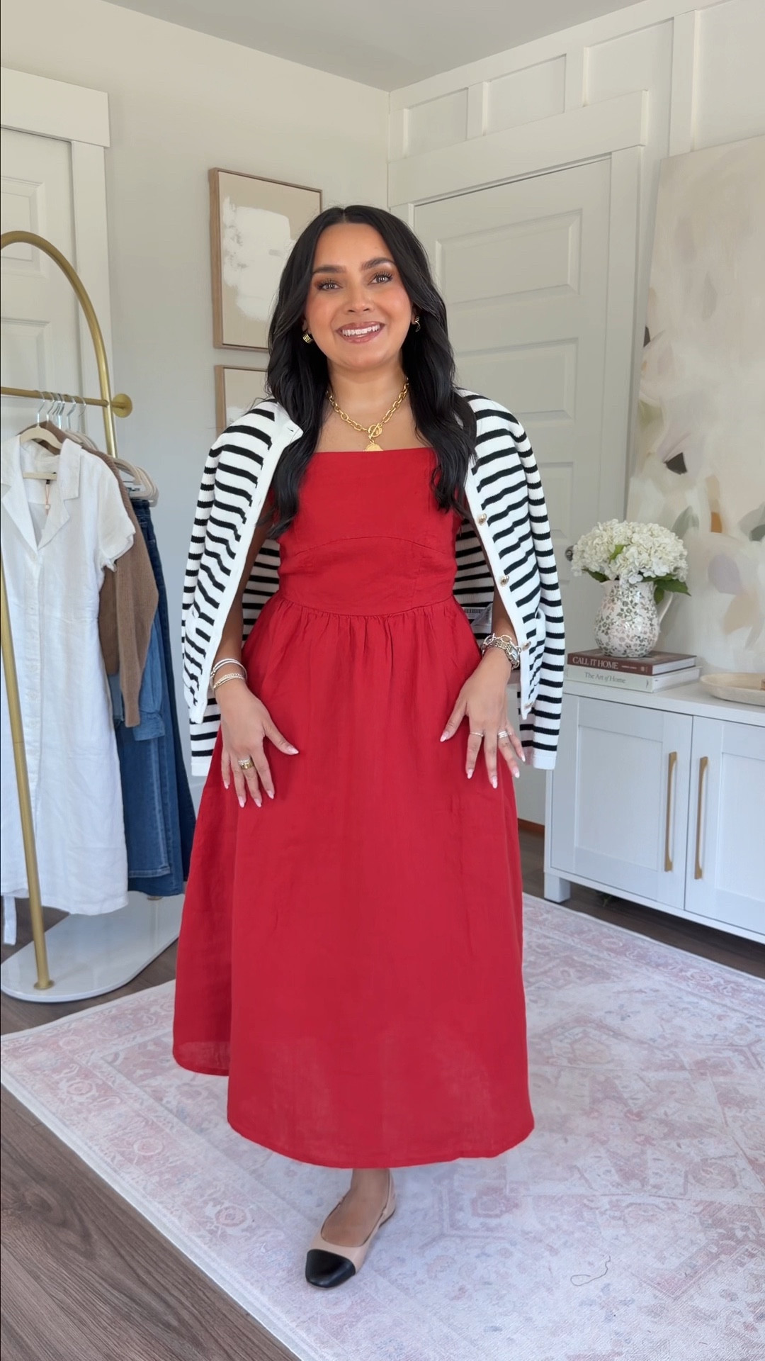 Cherry red dress XS TTS
Black Striped cardigan XS TTS
Slingback flats size 5 TTS - these are old, similar linked 

#LTKgrwm #LTKPetite #LTKootd