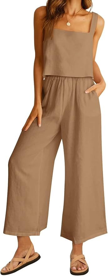 AUTOMET Women 2 Piece Outfits Lounge Matching Sets Linen Crop Top Wide Leg Pants Tracksuits with ... | Amazon (US)