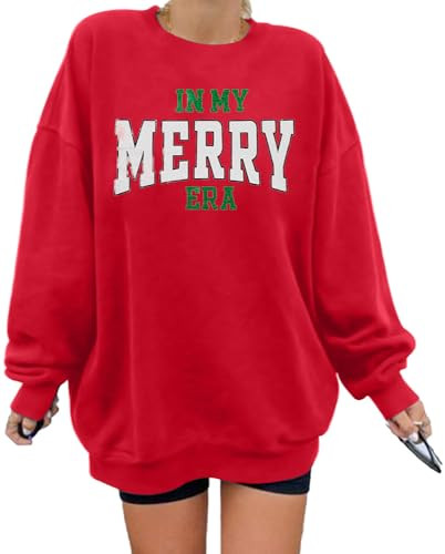 LOTUCY In My Merry Era Sweatshirts for Women: Merry Christmas Sweaters Glitter Patch Xmas Gift Long Sleeve Pullovrs Red | Amazon (US)