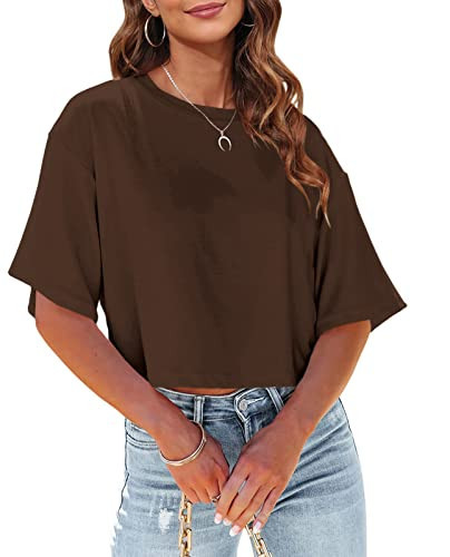 Tankaneo Women Half Sleeve Cropped T-Shirts Drop Shoulder Round Neck Crop Tops Casual Summer Solid Color Basic Tees | Amazon (US)