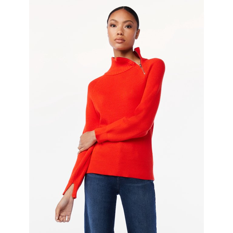 Scoop Women's Blouson Sleeve Sweater with Zip Neck - Walmart.com | Walmart (US)