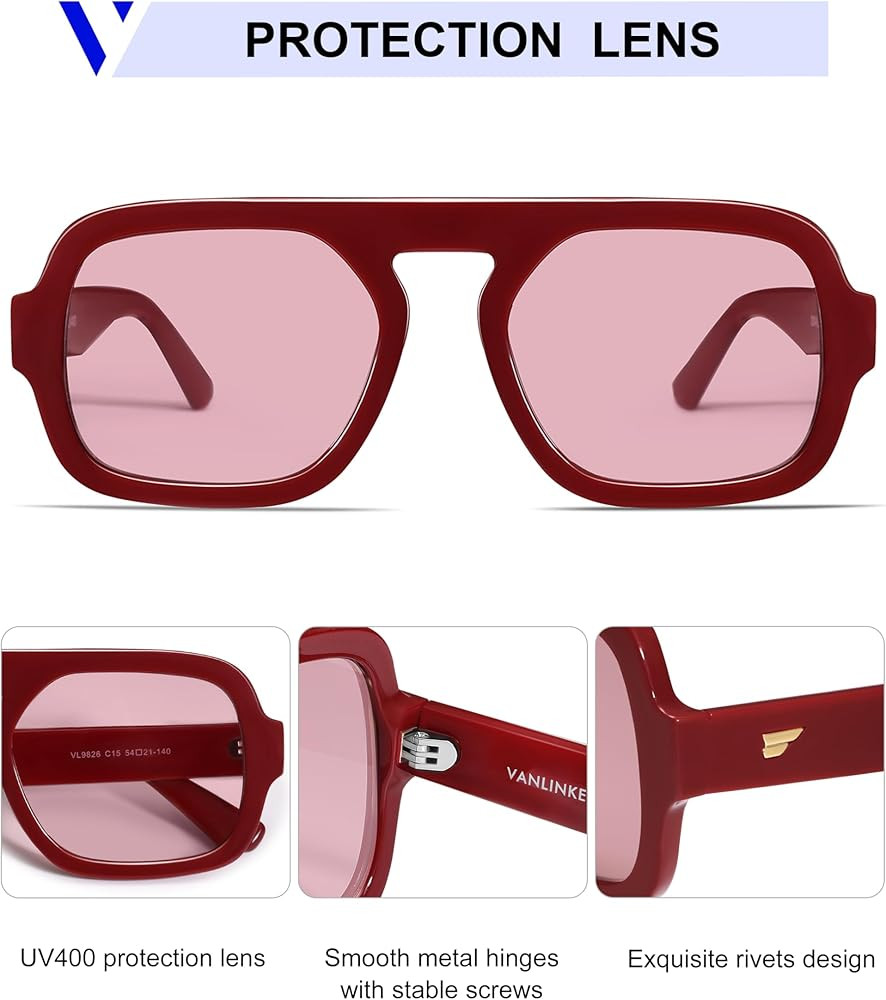 VANLINKER Retro Square Aviator Sunglasses for Women Men 70s Vintage Style Trendy Flat Top Rectang... | Amazon (US)