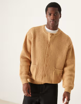 ASOS DESIGN oversized boxy fit heavyweight knitted wool mix crew neck cardigan in tan | ASOS (Global)
