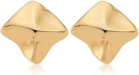 Gold Geometric Stud Earrings Chunky Statement Earrings for Women Irregular Crumpled Square Half-b... | Amazon (US)