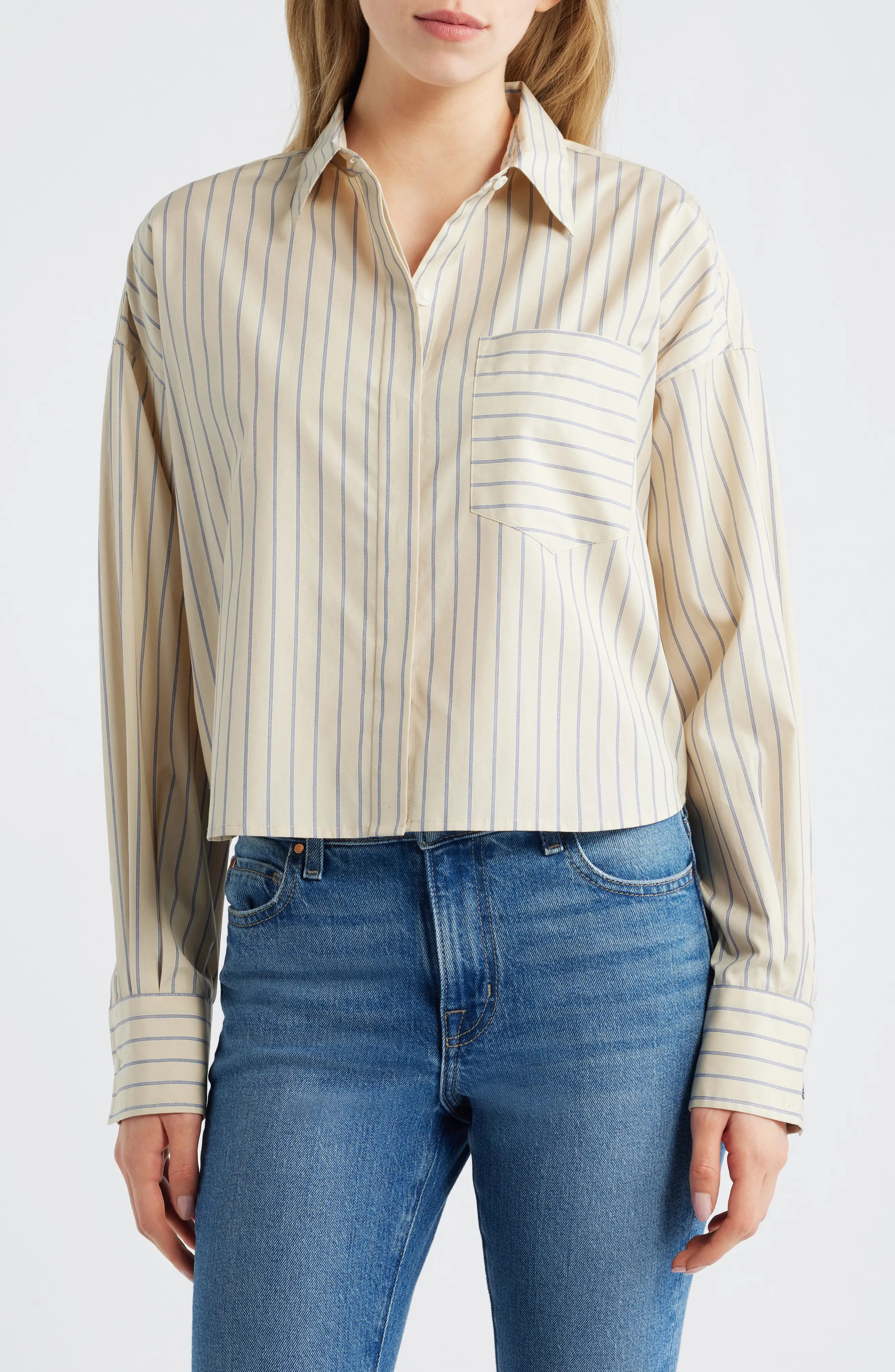 rag & bone Molly Stripe Crop Cotton Button-Up Shirt in Tan Stripe at Nordstrom, Size Small | Nordstrom