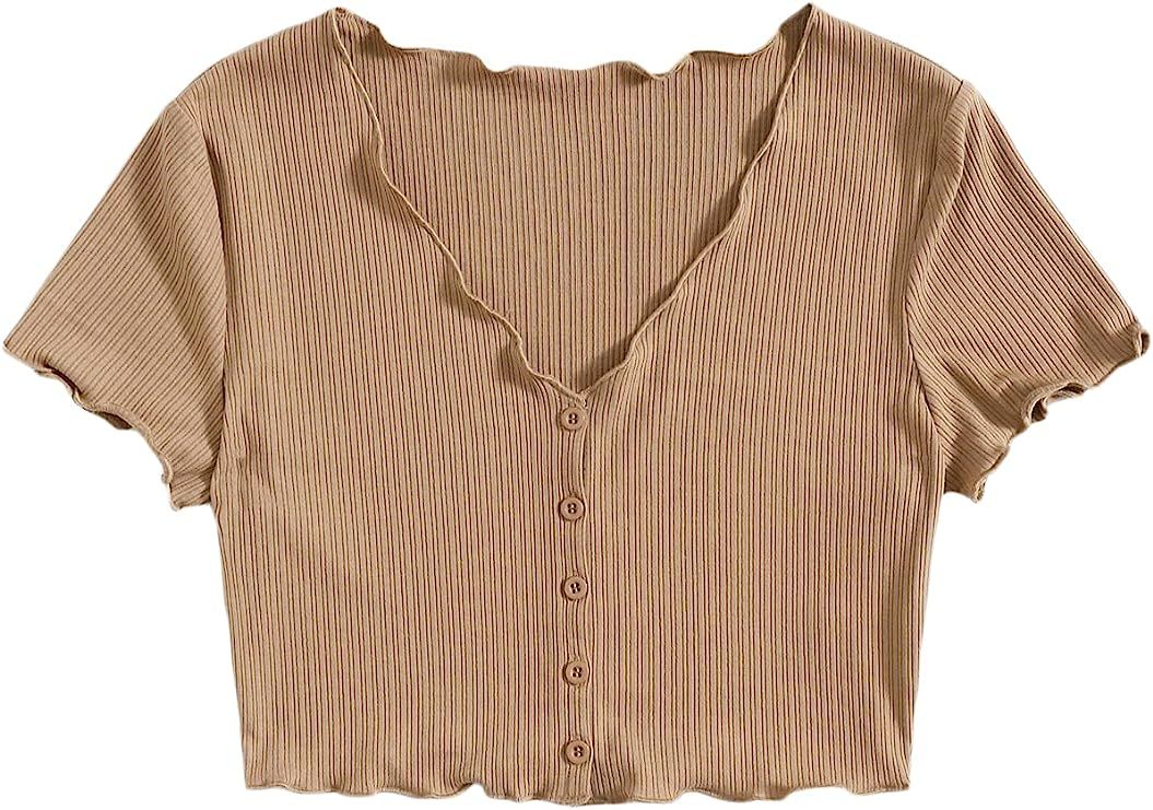 Milumia Women's Casual Button Down V Neck Short Sleeve Lettuce Trim Tee Shirt Crop Top | Amazon (US)
