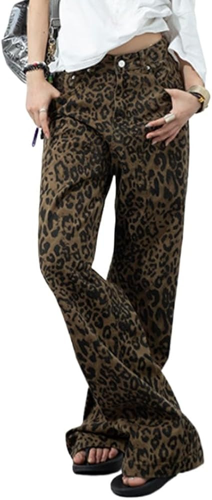 POHADON Women Leopard Print Pants Vintage Baggy Wide Leg Y2k Jeans Cheetah Denim Pants Vintage Tr... | Amazon (US)