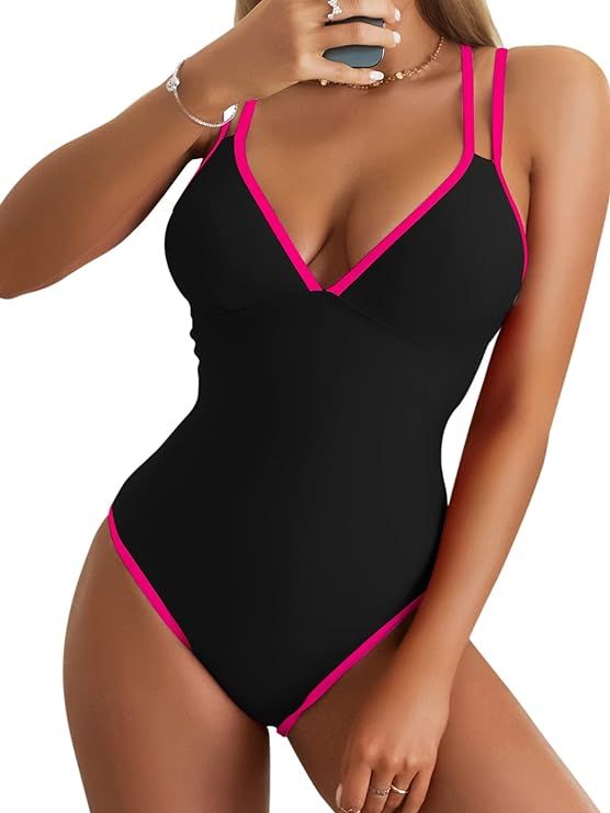 B2prity Women One Piece Swimsuits V Neck Tummy Control Bathing Suits Cross Back Swimwear Sexy Mon... | Amazon (US)