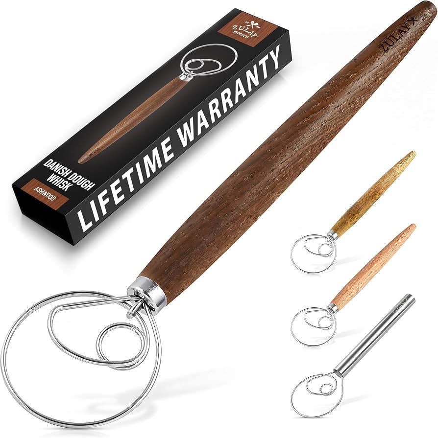 Zulay Kitchen 13 Inch Danish Dough Whisk - Large Wooden Danish Whisk For Dough With Stainless Ste... | Amazon (US)