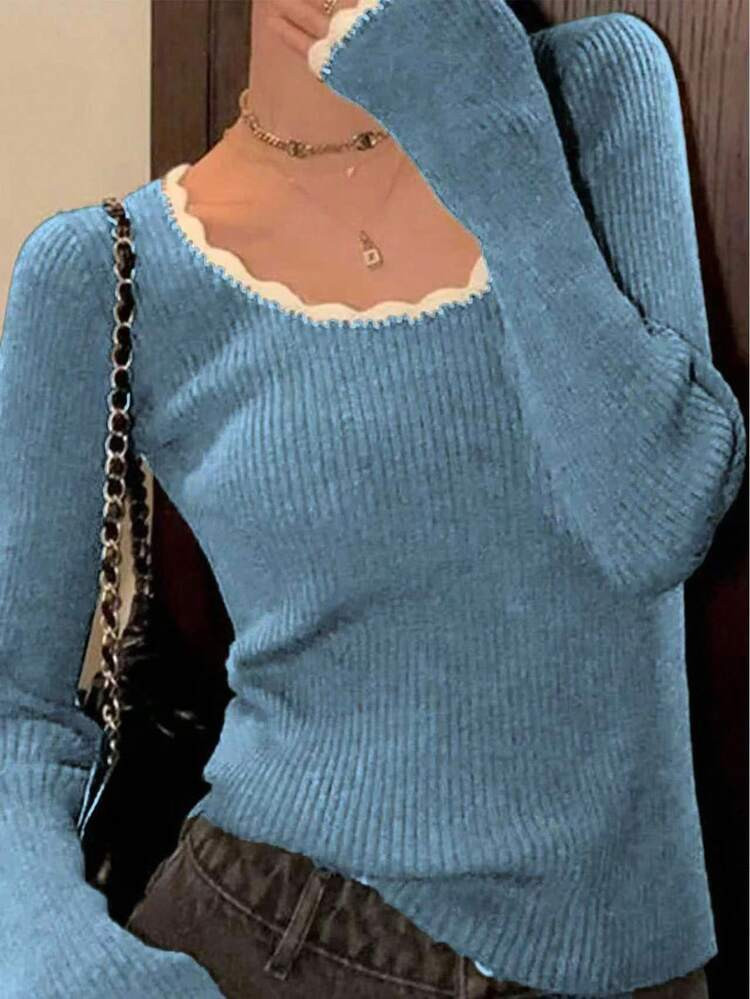 INAWLY Women's Contrast Trim Crew Neck Casual Long Sleeve Pullover Sweater | SHEIN