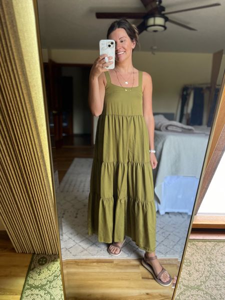 I’m wearing size xs in the olive oil color of this dress. I also own the taupe! It has adjustable straps and pockets and a great heavy weight to it. It’s also on sale in this color for $44 today!  🫒 

I linked my brown leather tevas and the other colors and some different styles as well! 

Summer dress/ wedding guest dress/ travel outfit/ maxi dress 




#LTKSeasonal #LTKFindsUnder50 #LTKStyleTip