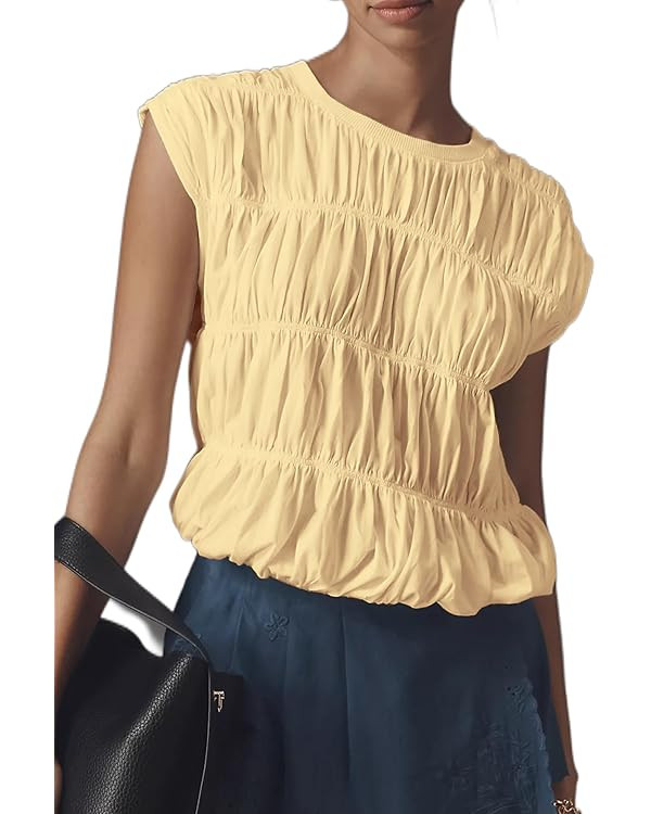 Womens Tiered Shirred Smocked Crop Tank Top Cap Sleeve Crew Neck Elastic Hem Y2K Going Out Blouse... | Amazon (US)