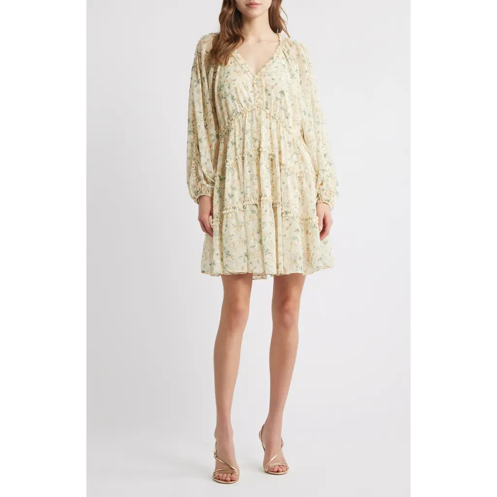 Chelsea28 Tiered Ruffle Long Sleeve Chiffon Dress in Yellow Floral at Nordstrom, Size Xx-Small | Nordstrom