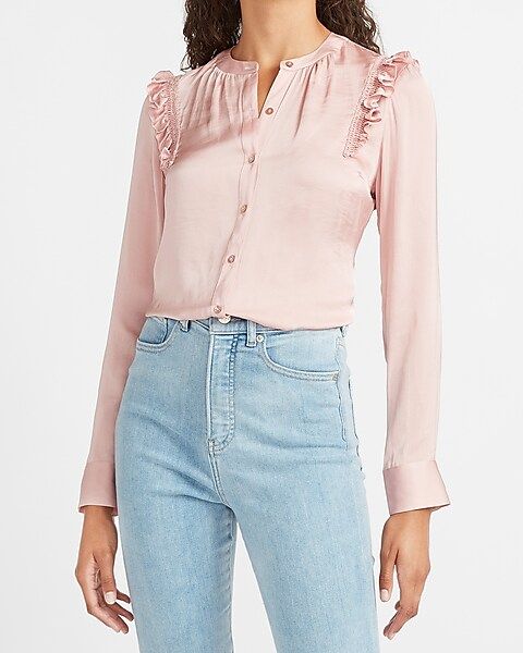 Ruffle Shoulder Button-Up Portofino Shirt | Express