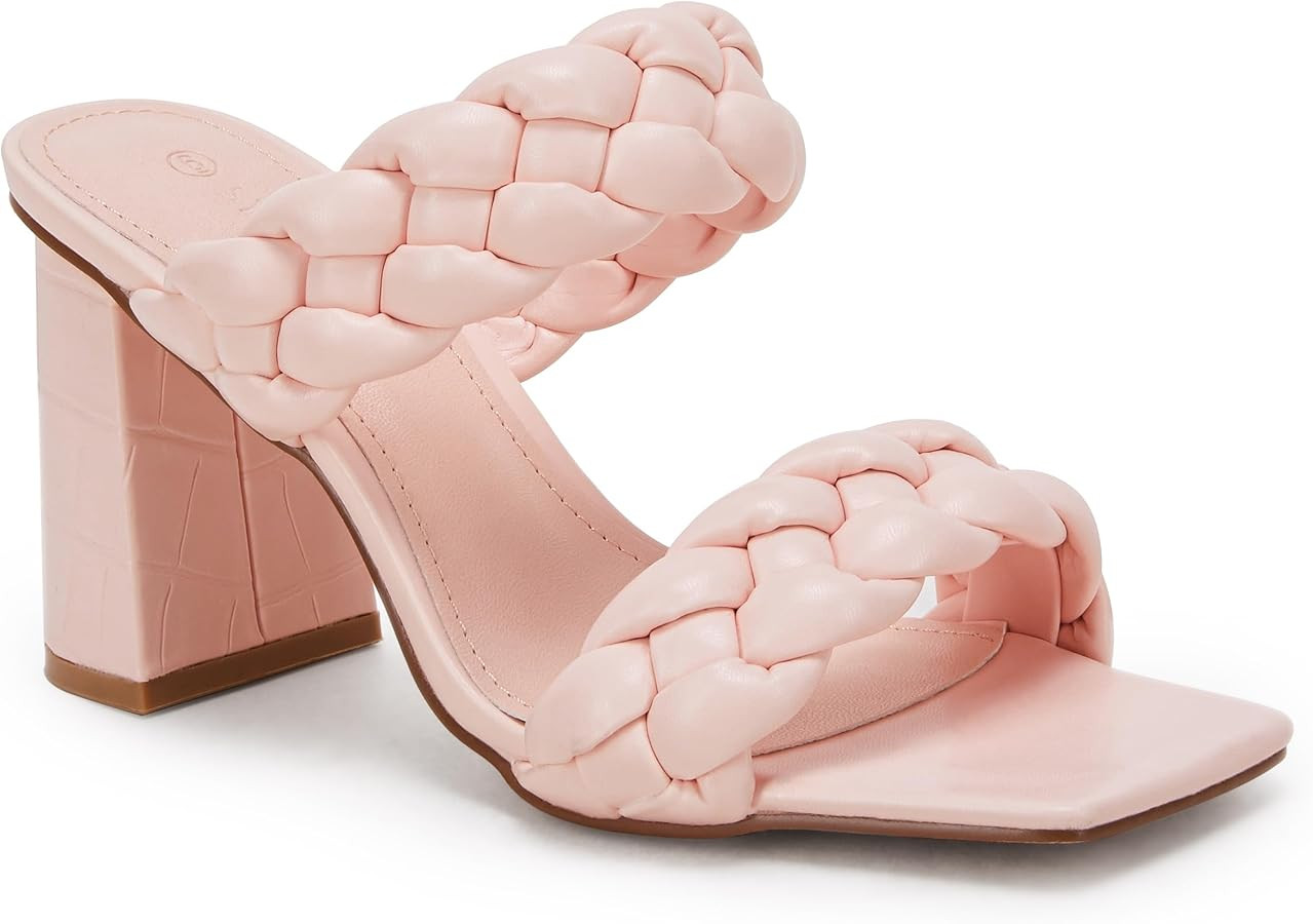 Syktkmx Womens Braided Heels Sandals Chunky Block Heel Double Strap Summer Dressy Sandal | Amazon (US)