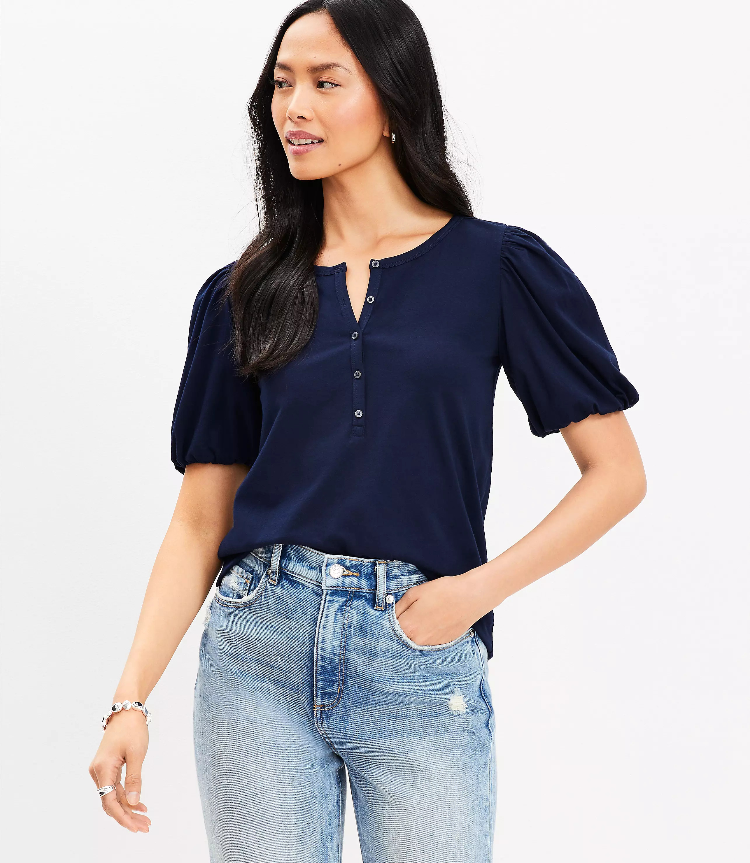 Bubble Sleeve Henley Top | LOFT