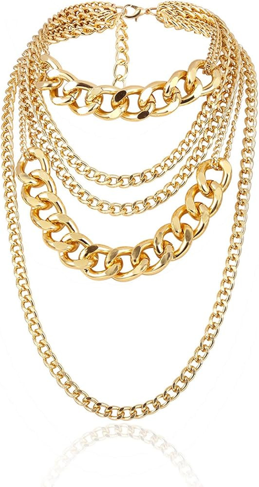 Punk Chunky Necklaces Layered Cuban Link Chain Statement Necklace Gold Silver Layered Necklace Je... | Amazon (US)
