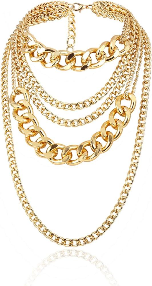 Punk Chunky Necklaces Layered Cuban Link Chain Statement Necklace Gold Silver Layered Necklace Je... | Amazon (US)