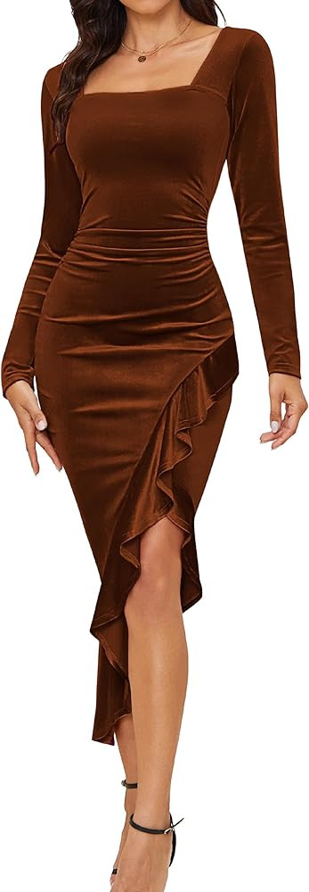 NASHALYLY Elegant Velvet Dress for Women,Sexy Long Sleeve Bodycon Mermaid Dress Ruched Cocktail P... | Amazon (US)