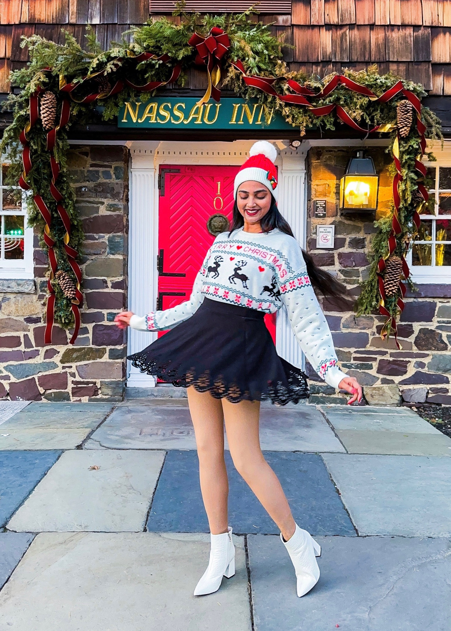 Cute Christmas sweater with pompon Christmas beanie to rock your Christmas outfit, with flare skirt, black skirt, cutout skirt, white booties, ootd inspo, outfit inspiration, ootd

#LTKSeasonal #LTKGiftGuide #LTKHoliday