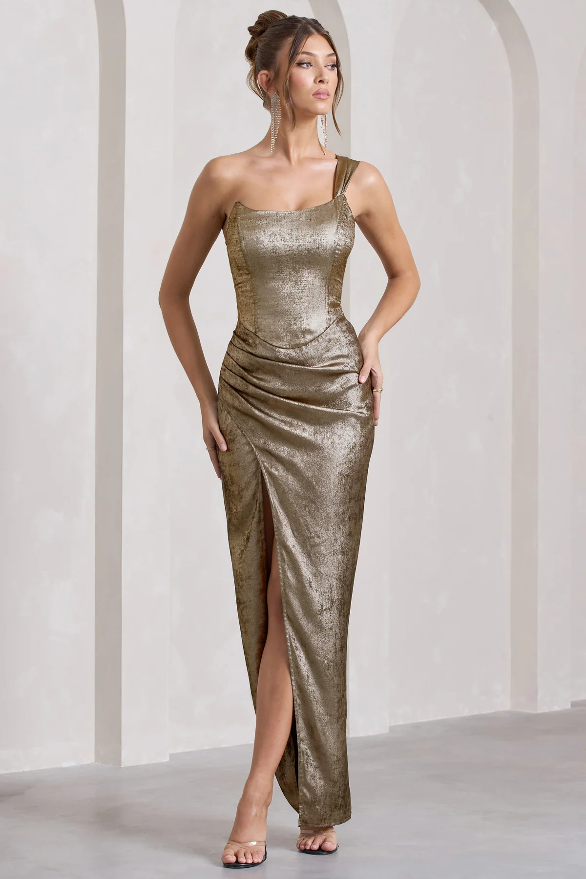 Mercy | Gold Metallic One-Shoulder Corseted Wrap Maxi Dress | Club L London