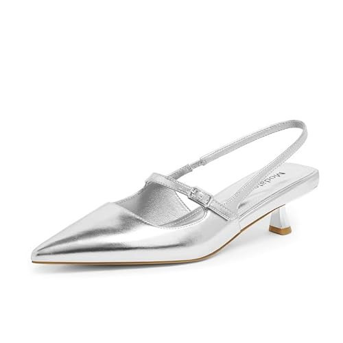 Modatope Silver Heels Kitten Slingback Heels for Women Pointed Closed Toe Stiletto Silver Pumps Dress Formal Shoes Size 10 | Amazon (US)