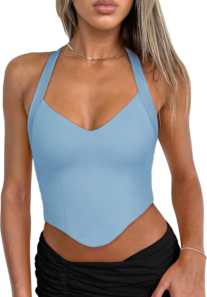 REORIA Butsmooth® Women's Summer Sexy Halter V Neck Sleeveless Backless Y2K Going Out Crop Tank ... | Amazon (US)