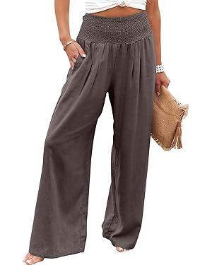 ANRABESS Women Linen Palazzo Pants Summer Boho Wide Leg High Waist Casual Lounge Pant Trousers wi... | Amazon (US)