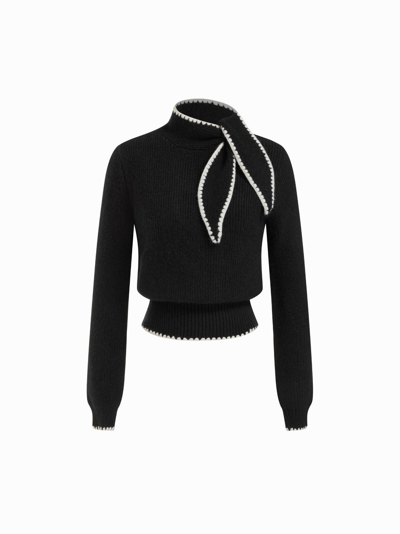 Knit Fabric Knit High Neck Bowknot Contrasting Binding Top For Coffee Shop Work | Cider