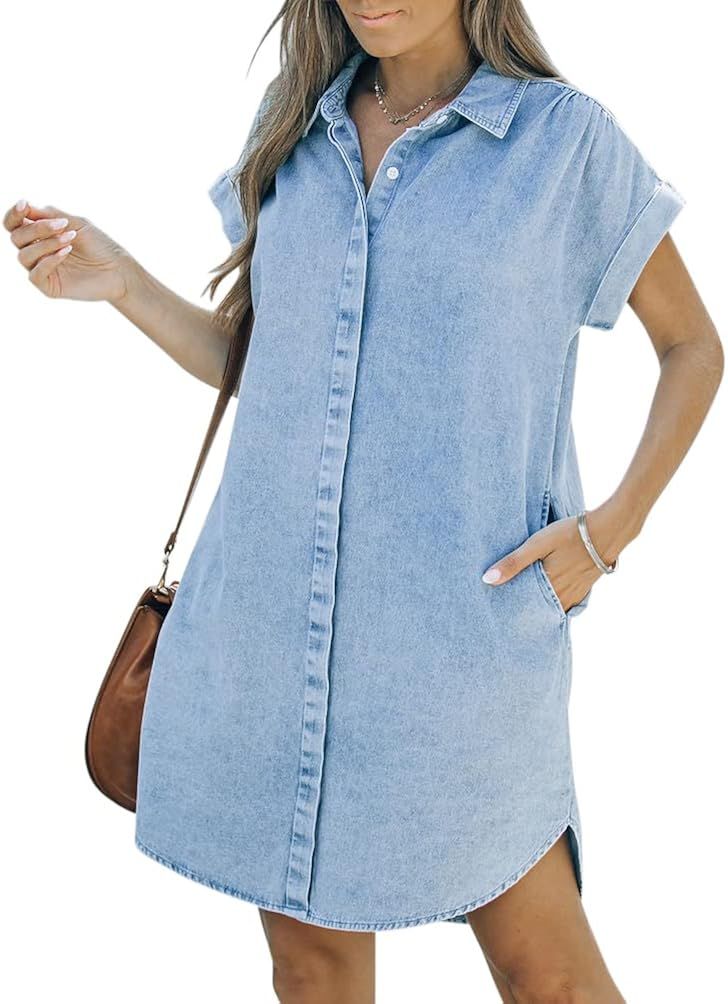 KDF Denim Shirt Dress Women - Denim Dress for Women with Pockets Denim Button Down Shirt Dresses ... | Amazon (US)