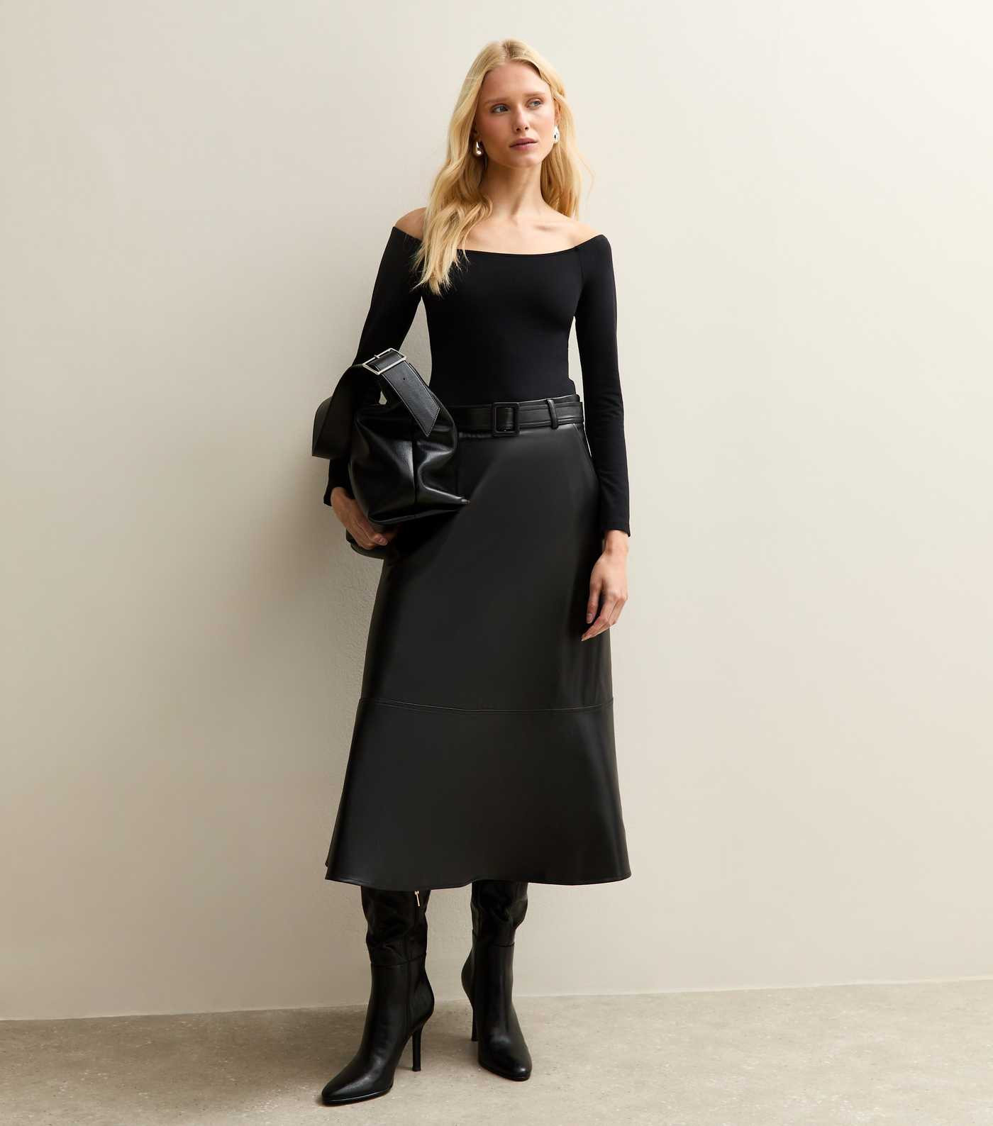 Black Belted Faux Leather Midi Skirt | New Look | New Look (UK)