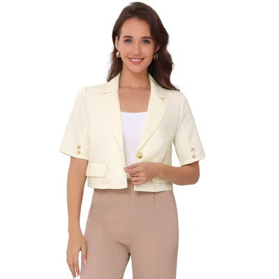 INSPIRE CHIC Women's Business Casual Short Sleeve One Button Notched Collar Work Cropped Blazer Beige Medium | Target