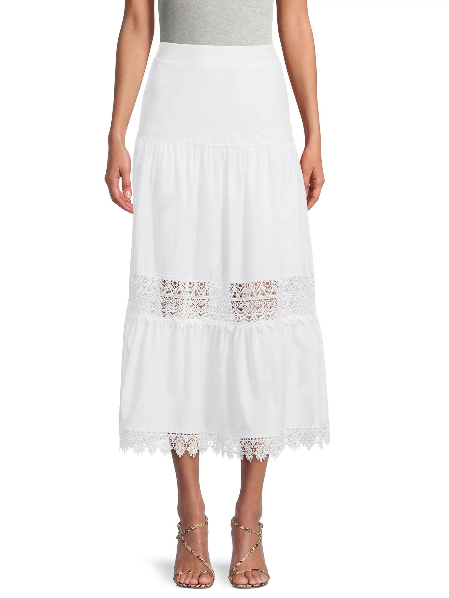 Time and Tru Women’s Tiered Maxi Skirt with Lace Trim - Walmart.com | Walmart (US)