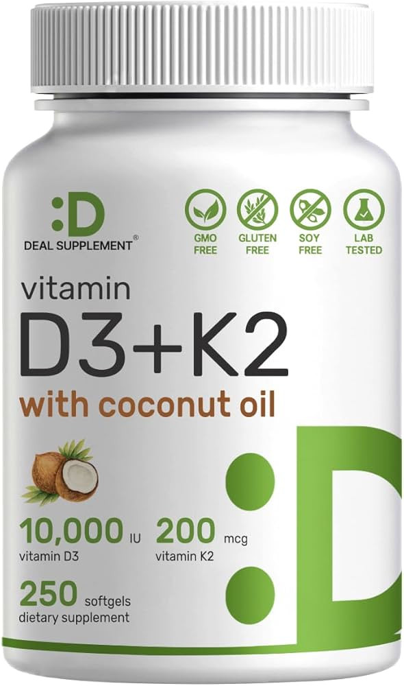 DEAL SUPPLEMENT Vitamin D3 10,000 IU + K2 MK7 200 mcg, Infused with Virgin Coconut Oil, 250 Softg... | Amazon (US)