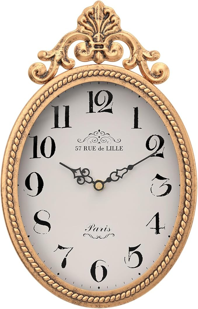 Abdurey Small French Retro Decorative Wall Clock, Antique Gold Vintage Oval Style,Silent Battery ... | Amazon (US)