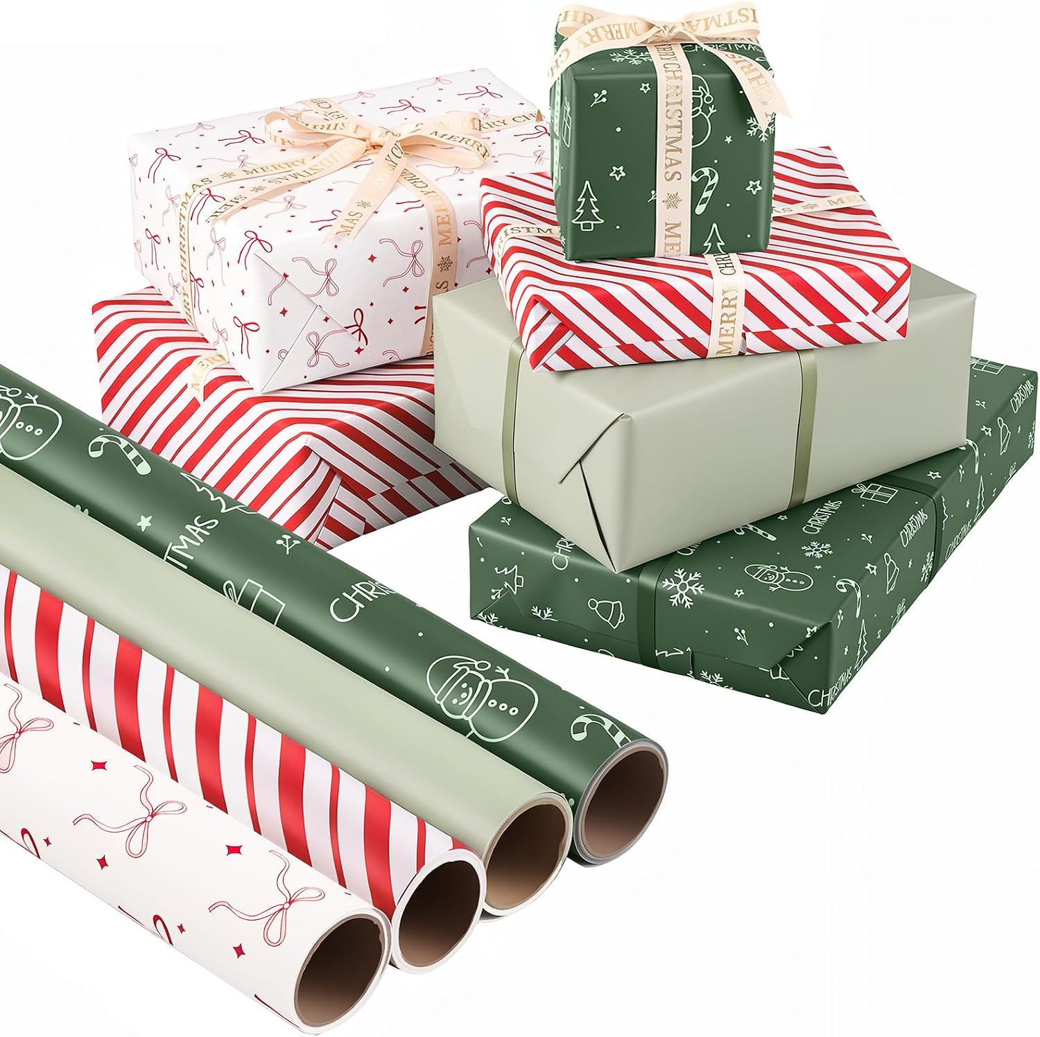 woric Christmas Wrapping Paper Jumbo Rolls Cute Sage Green White Bows Snowman and Red Stripes Design Gift Wrapping Paper for Holiday - 4 Rolls - 30 Inch x 120 Inch(10ft) Per Roll | Amazon (US)