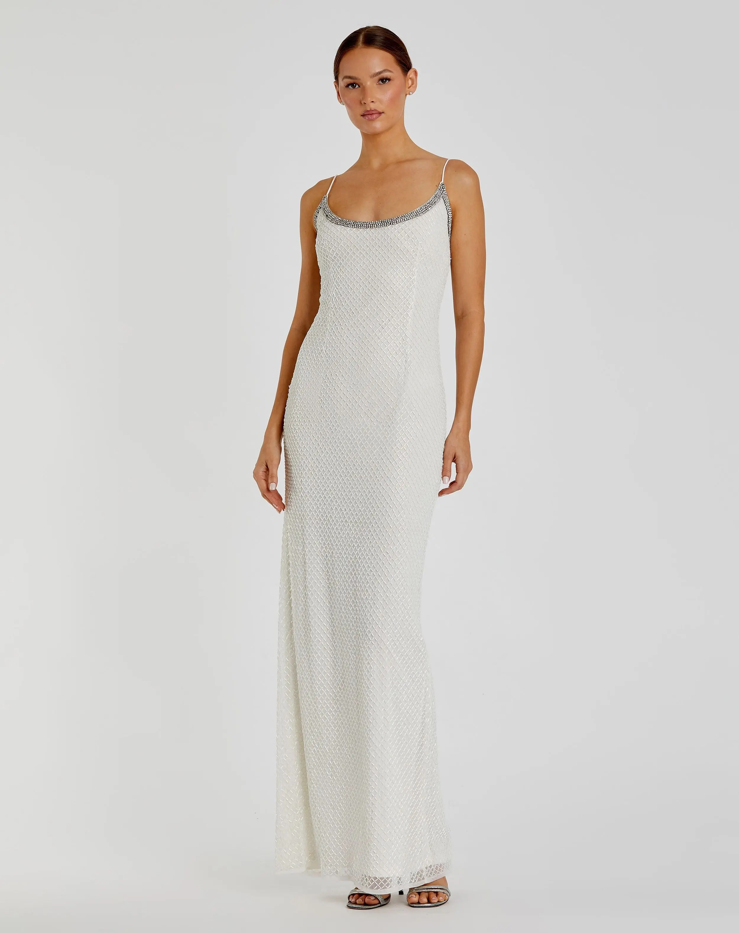 White Beaded Spaghetti Strap Column Gown | Mac Duggal | Mac Duggal