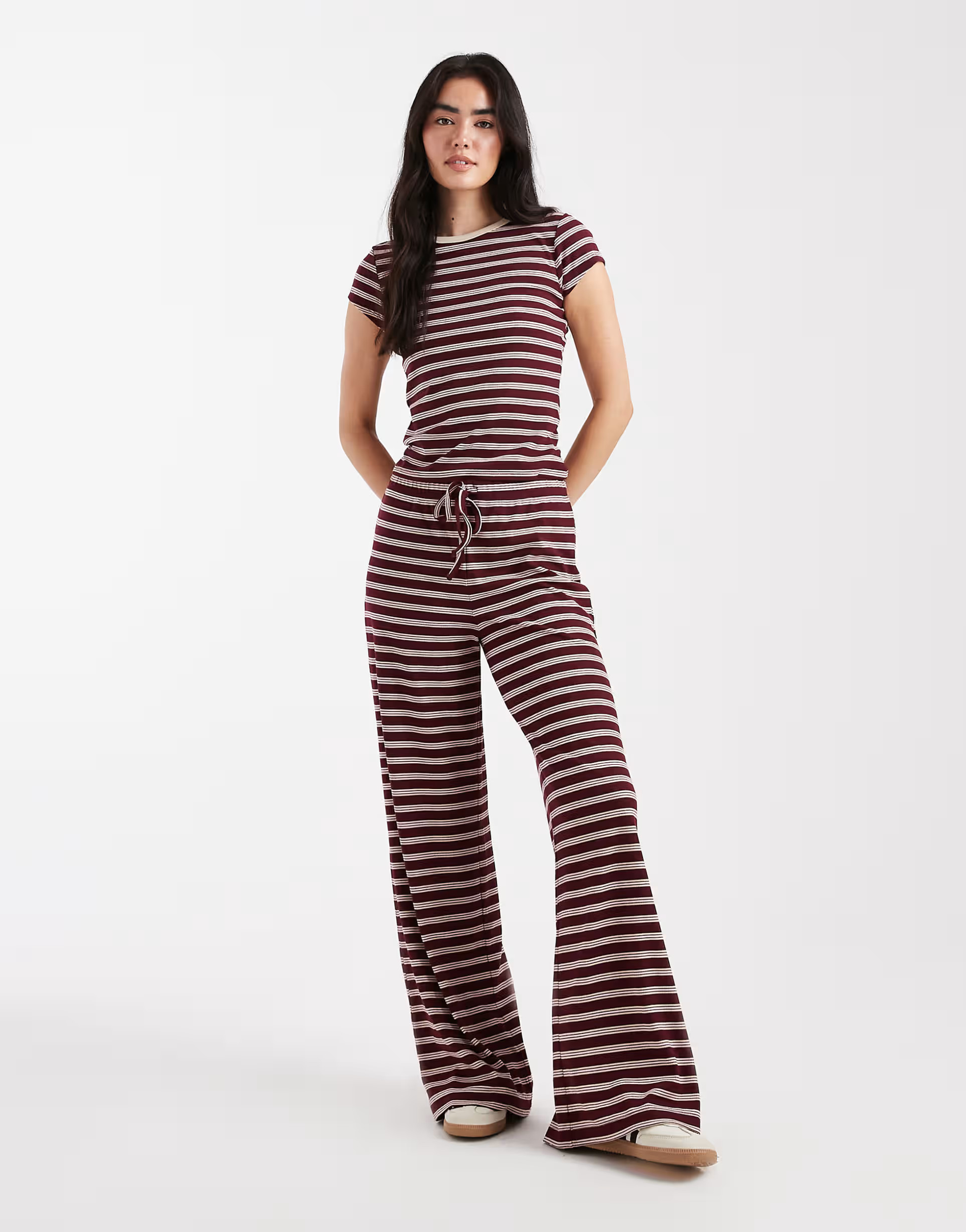 Miss Selfridge wide leg striped trouser co ord in burgundy | ASOS (Global)