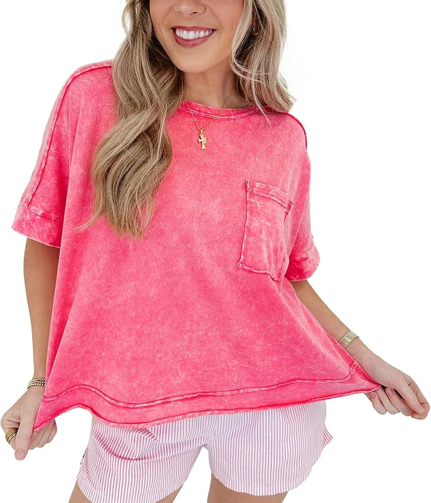 Songling Women Washed Bright Oversized T Shirt Short Sleeve Casual Loose Acid Wash Tshirt Basic C... | Amazon (US)