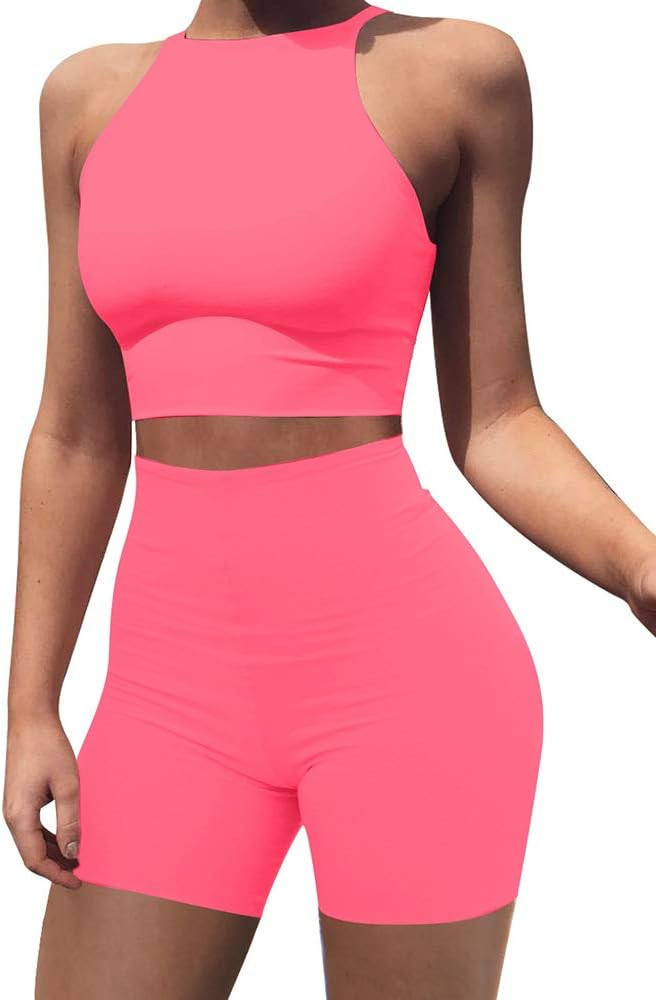 BEAGIMEG Women's Sexy 2 Pieces Outfit Halter Crop Top Bodycon Shorts Set | Amazon (US)