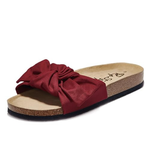 PepStep Slide Sandals for Women or Ladies Dressy Summer Casual, Cute Bow Tie Knot On Top Strap, Comfy Slip On Cork Foot Bed(Ankora Red,10) | Amazon (US)