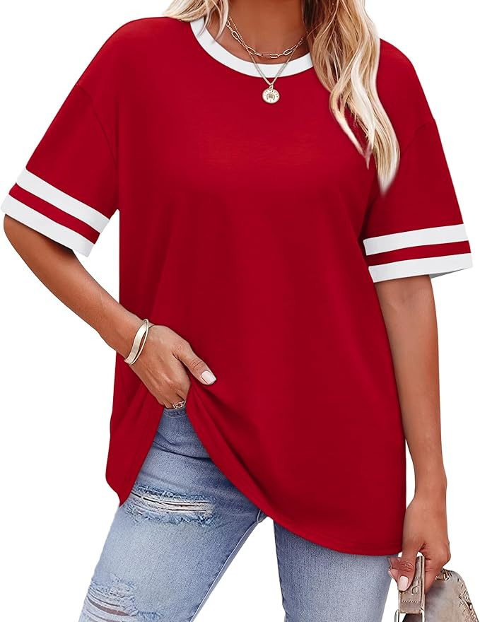 WIHOLL Womens T Shirts Loose Fit Short Sleeve Tees Crew Neck Color Block Summer Tops 2025 Fashion | Amazon (US)