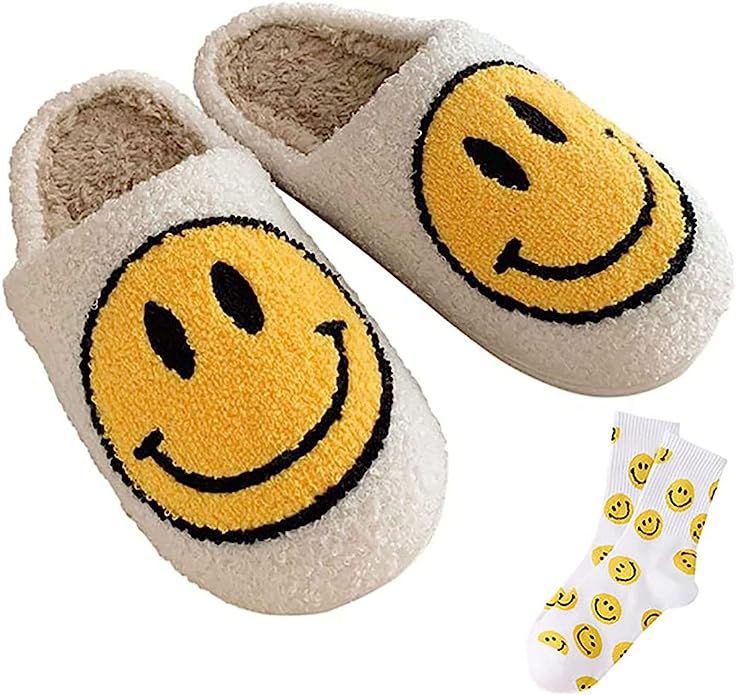 Men Women Retro round smiley face fashion soft plush comfy warm slip-on slippers | Amazon (US)