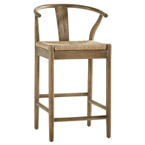 Zhuri Coastal Beach Dark Brown Oak Wood Frame Woven Seat Wishbone Counter Stool | Kathy Kuo Home