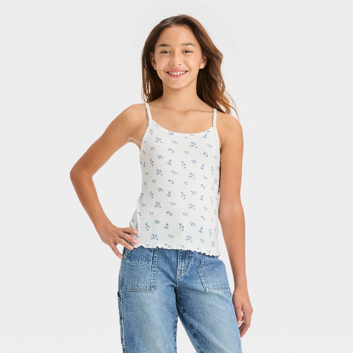 Girls' Ribbed Cami Tank Top - art class™ Off-White Floral M | Target